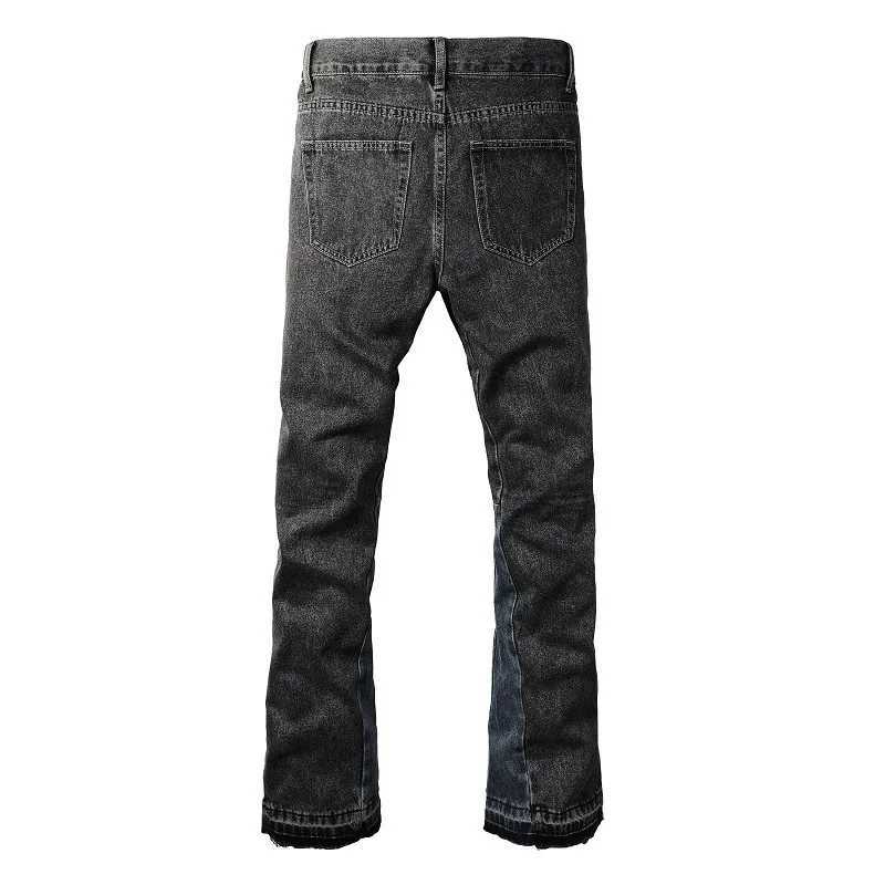 Men Jeans Washed Denim Flare Pants Mid Waist Pockets Patchwork Denims 2024 Autumn Strtwear Vintage Ankle Length TrousersC250606