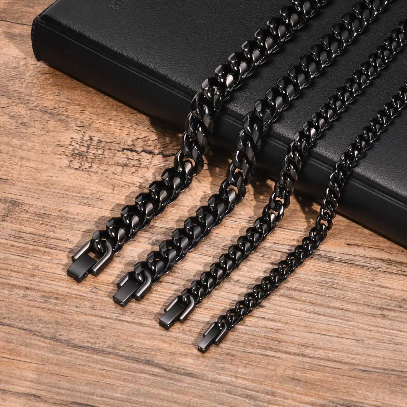 Black Miami Curb Chain Bracelet for Men 6-12MM Chunky Stainless Steel Cuban Link Chain Wristband Stylish Punk Male Jewelry W250606