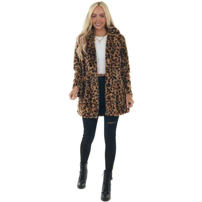 Faux Fur Women Winter Coat Wool 2025 Leopard Jacket Streetwear Warm Jackets Fashion Elegant Ladies Long Sleeve Coats Parkas