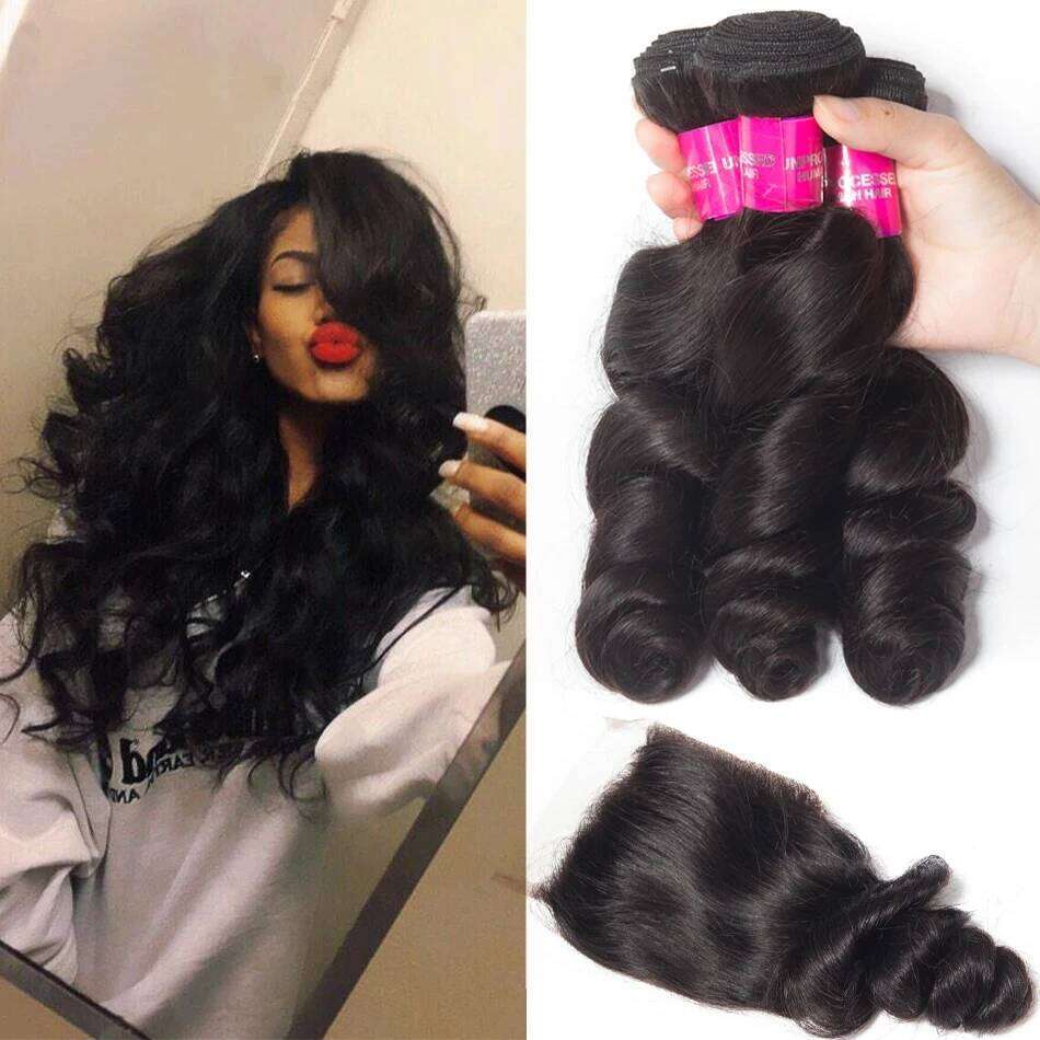 12A Peruvian Raw Virgin Unprocessed Human Hair With 4X4 Loose Wave Bundles And Closure Natural Black Color