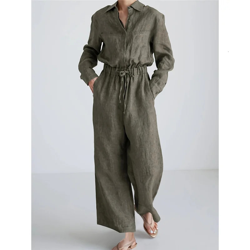 WomenS Casual Elegant Solid Color Polyester Jumpsuit with Drawstring Wide Leg Pockets Lapel Collar Spring/Fall 250530