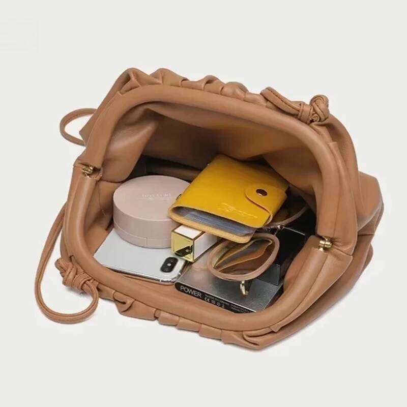 Brand Pleated Cloud Genuine Leather Exquisite Clutch Women Drawstring Fashion Elegant High Quality Shoulder Bag