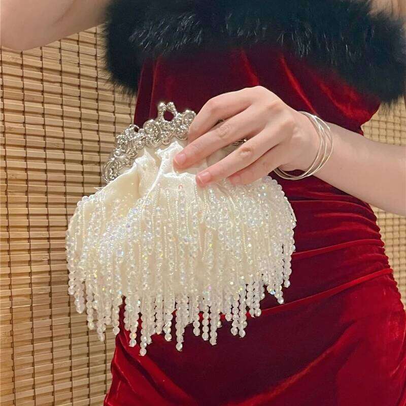 Elegant Bride Bags Vintage Tassel Silk Satin Beading Embroidered Handbag White Evening Bag Sac A Main Femme Retro Purses