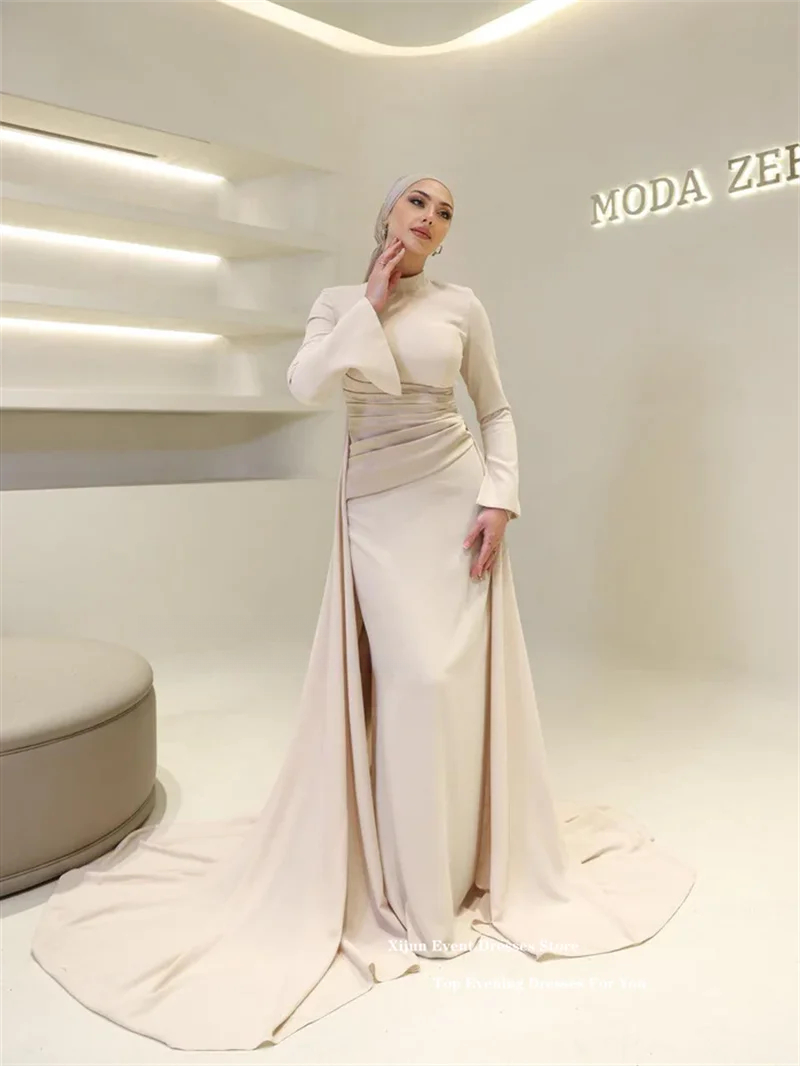 Modest Crepe Long Evening Dresses Muslim High Collar Satin Pleats Sheath Prom Dresses Full Sleeves Formal Prom Gowns Customized