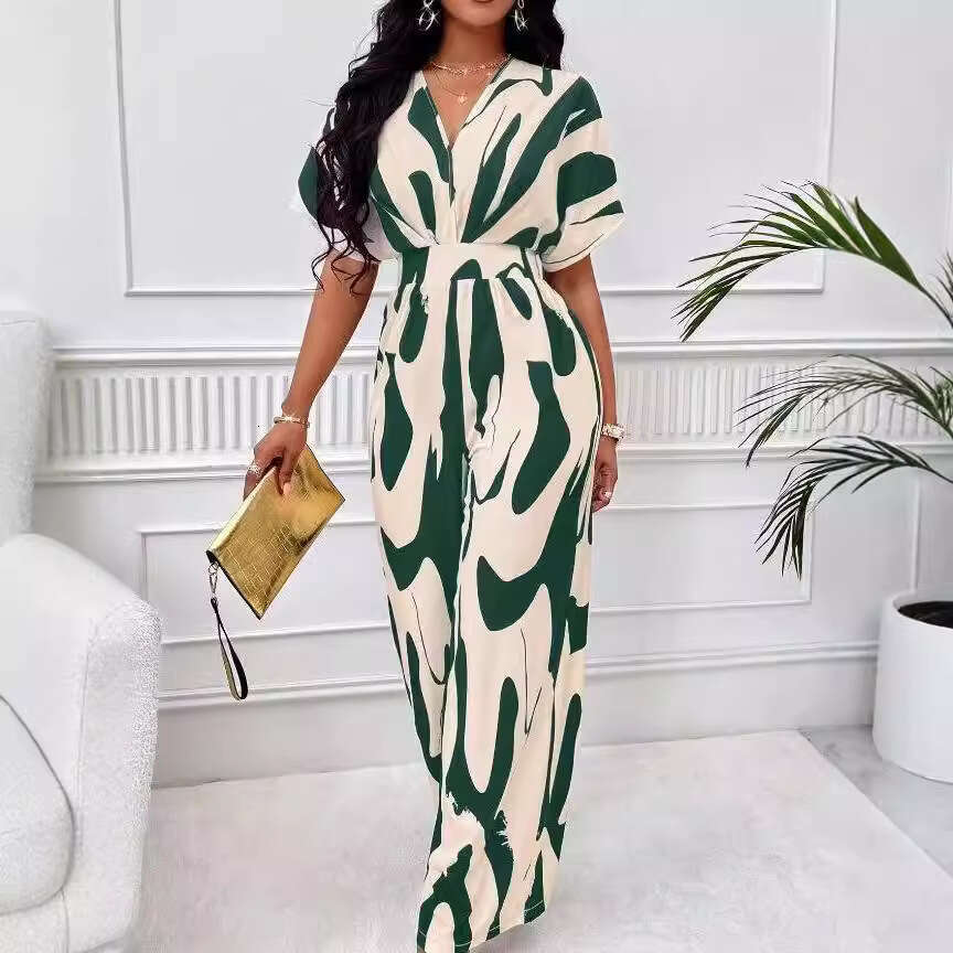 Women's Fashion Elegant V-Neck Full Print Batwing Sleeve Wide-Leg Jumpsuit B5