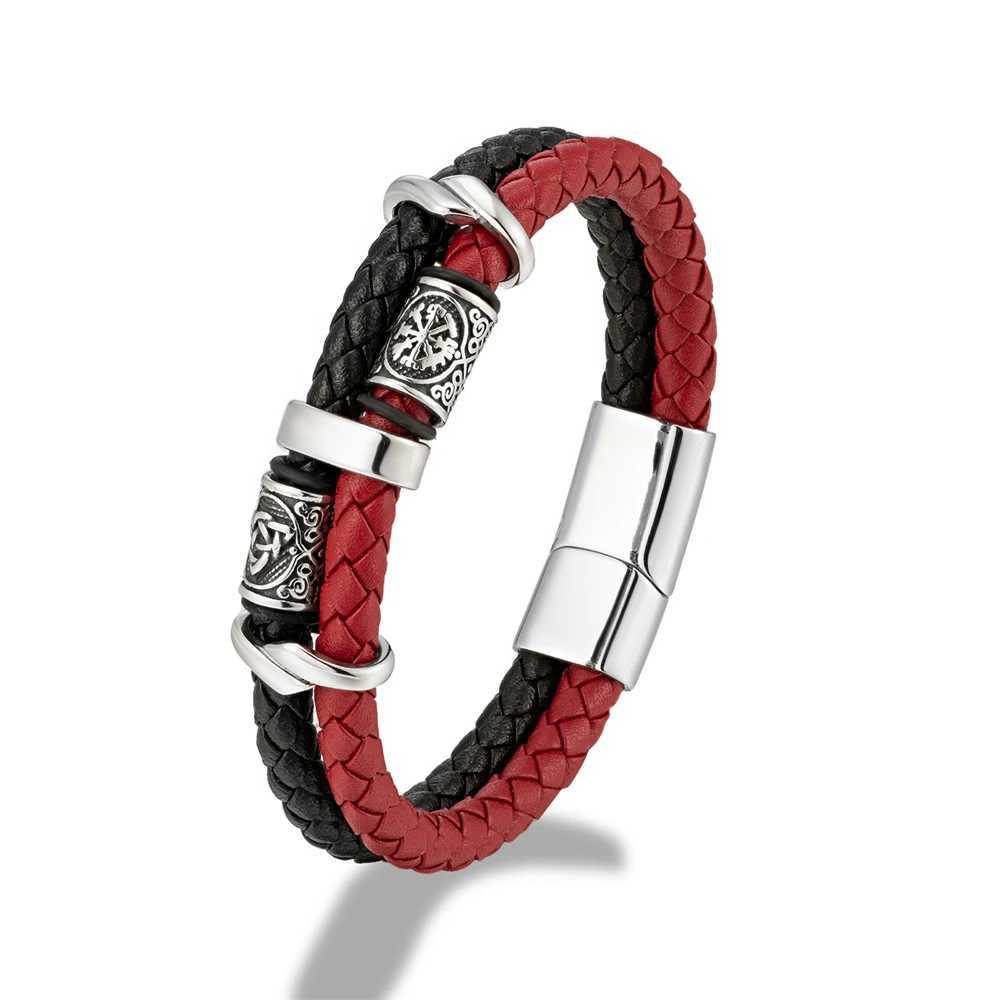Vintage Viking Compass Multi layer Leather Bracelet Mens Stainless Steel Norwegian Rune Valkenut Bracelet Scandinavian JewelryC250606
