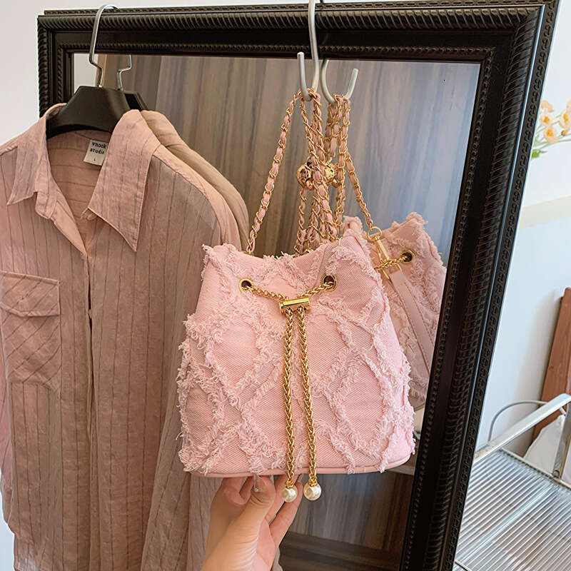 Denim Fabric Summer 2024 New Korean Fashion Patchwork Single Shoulder Internet Celebrity Women's Crossbody Bucket Bag