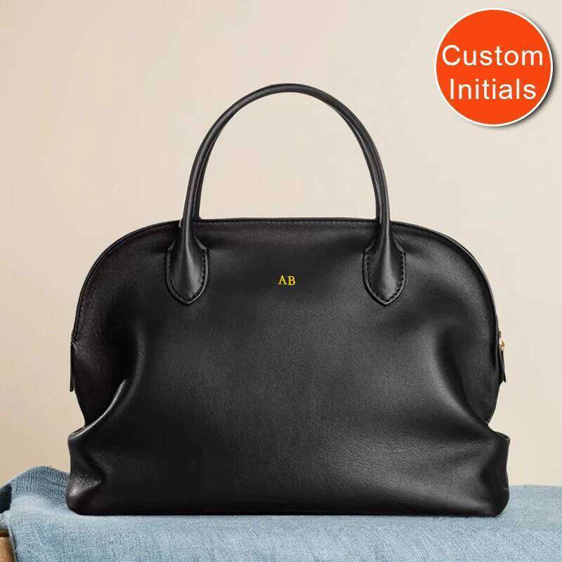 Custom Initials Genuine Leather Bowling Bag For Women Designer Handbag Purse New In Natural Cowhide Top Handle Wrist bag
