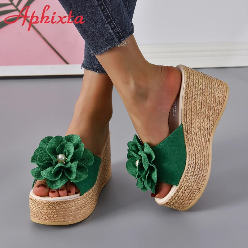 Aphixta Summer 9cm Wedge Heels Slippers Women Big Pearl Bead Flowers Cow Suede Bow Mulers 4cm Platform Sandals Clog Shoes Slides 250603