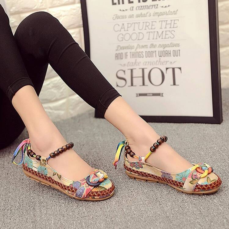 Ddmyoutdoor Plus Size Casual Flat Women Flats Handmade Beaded Ankle Straps Loafers Zapatos Mujer Retro Ethnic Embroidered Shoes Outdoor Shoes