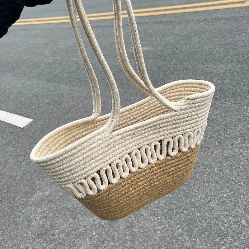 1pc Knitting Fabric Handbag Durable Straw Large Capacity Beach Bag Shoulder WomenCapacity Womens Summer Bags 250605