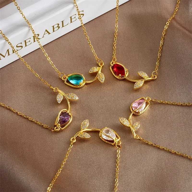 Sweet Colorful Zircon Tulip Pendant Necklaces for Women Girls Stainless Steel Trendy Romantic Jewelry Accessories Gifts Y250605