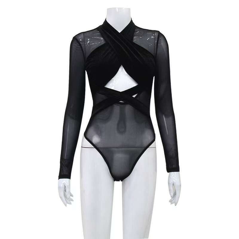 New Women's Fashion Mesh Patchwork Cross Long Sleeve Hollow Sexy Hot See-Through High Waist Jumpsuit Trend B5