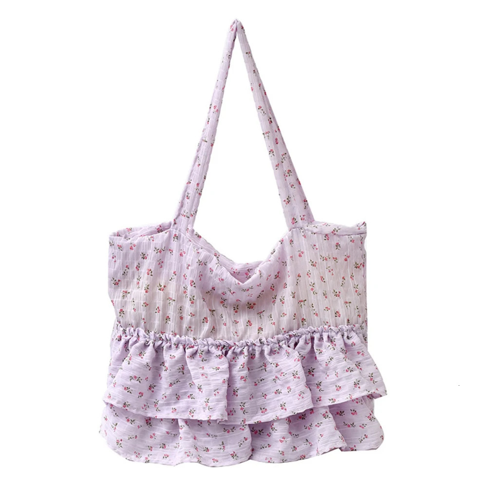 Women Large Capacity Tote Bag Korean Ins Floral Print Ruffles Soft One Shoulder Bags Daily Working Commute Underarm Packs 250605