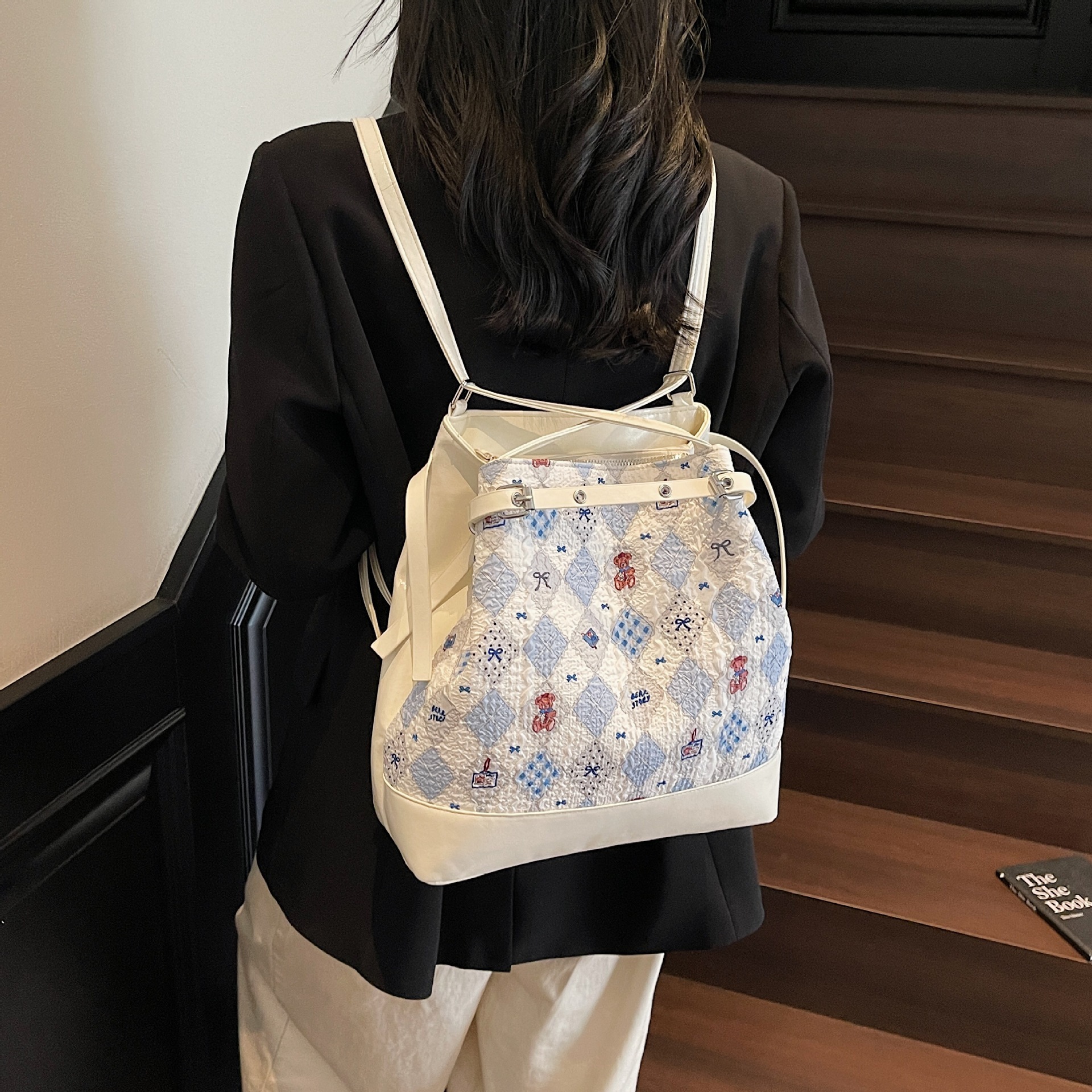 designer Cartoon Print Backpack for Women 2025 New Trendy Fashion Cute Bear Bucket Bag Casual Shoul