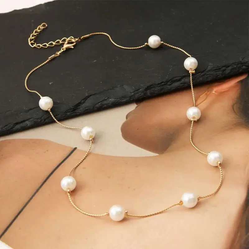 New Beads Womens Neck Chain Kpop Pearl Choker Necklace Gold Color Goth Choker Jewelry On The Neck Pendant 2024 Collar For Girl Y250605