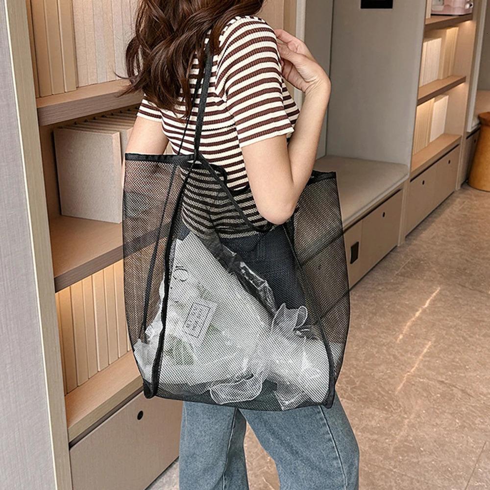 Mesh Beach Bag Cosmetic Pouch Large Tote with Zipper Pocket for Family Pool Toys Vacation Essentials 250605