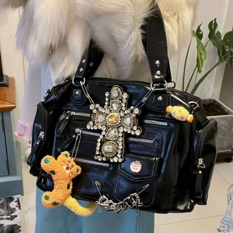 MBTI Y2k Womens Handbag Black Punk Gothic Cross Vintage Shoulder Haruku Style Original Exquisite Female New Aesthetic Bag
