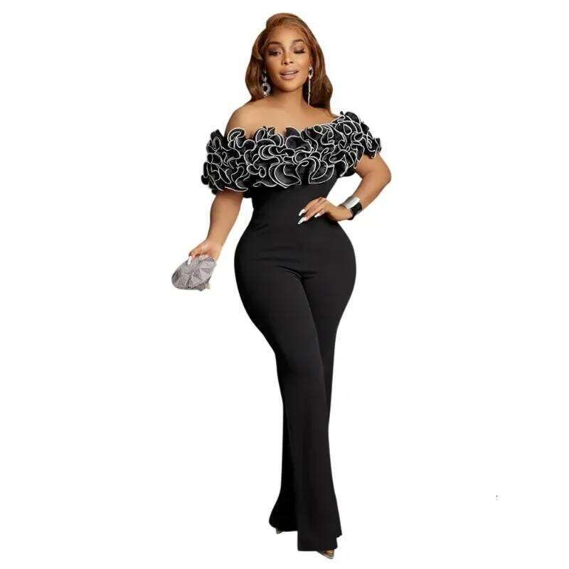 African Clothes for Women Summer Elegant Short Sleeve White Black Party Evening Long Jumpsuit Outfits Dashiki Africa Clothing