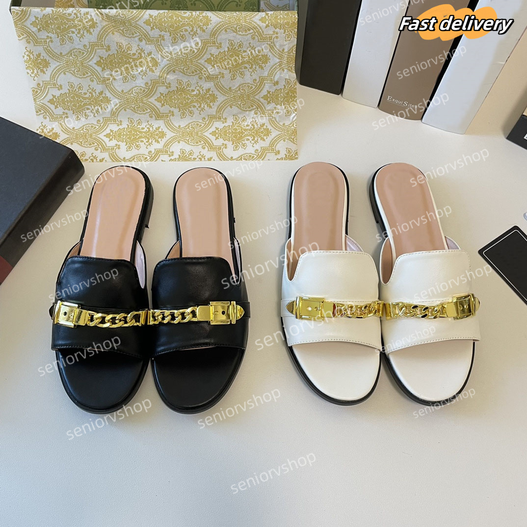 Luxury Metallic Slide Sandals Designer Slides Women's Slippers Shoes Summer Sandal Metal chain Fashion Wide Flat Flip Flops Slipper For Women Low Heel Shoes Size 35-42