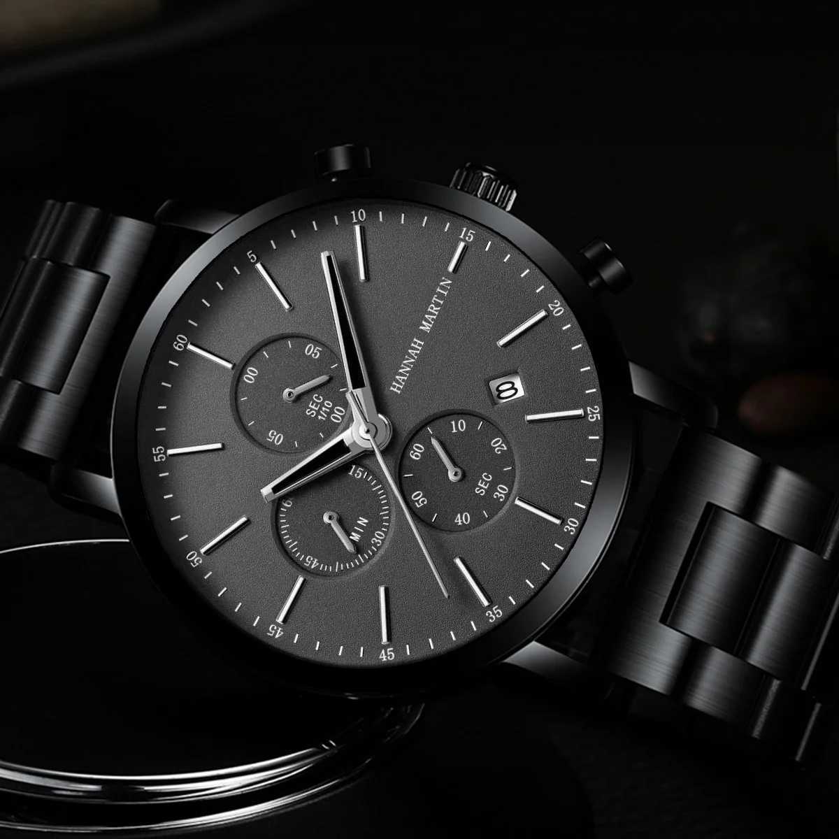 Hannah Martin Multifunctional Sports Mens Watch Black Dial Stainless Steel Waterproof Calendar Quartz Mens Clock Watches Y250605