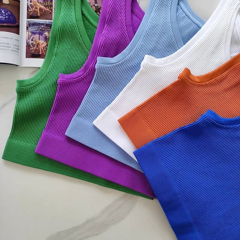 Sexy Women Sports Fiess Running Crop Top Sleeveless Vest Solid Color Knitted Short Sleeve Gym Yoga Tops Shirt