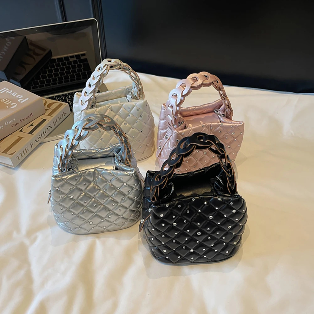 Summer Fashion Diamonds Thread Hand-Held Bucket Bag Women Solid Buckle Versatile Crossbody Bags Party Commute Shoulder Packs 250605