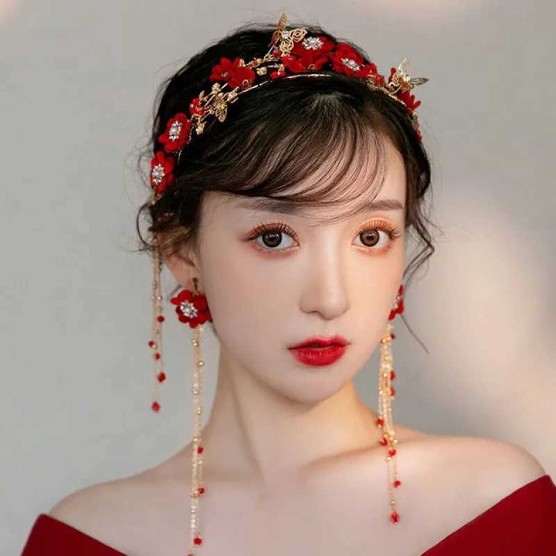 Chinese Women Red Flower Bridal Headpieces Wedding Headbands With Long Tassel Accessories For Brides Tiaras Crowns Headbands Z250605