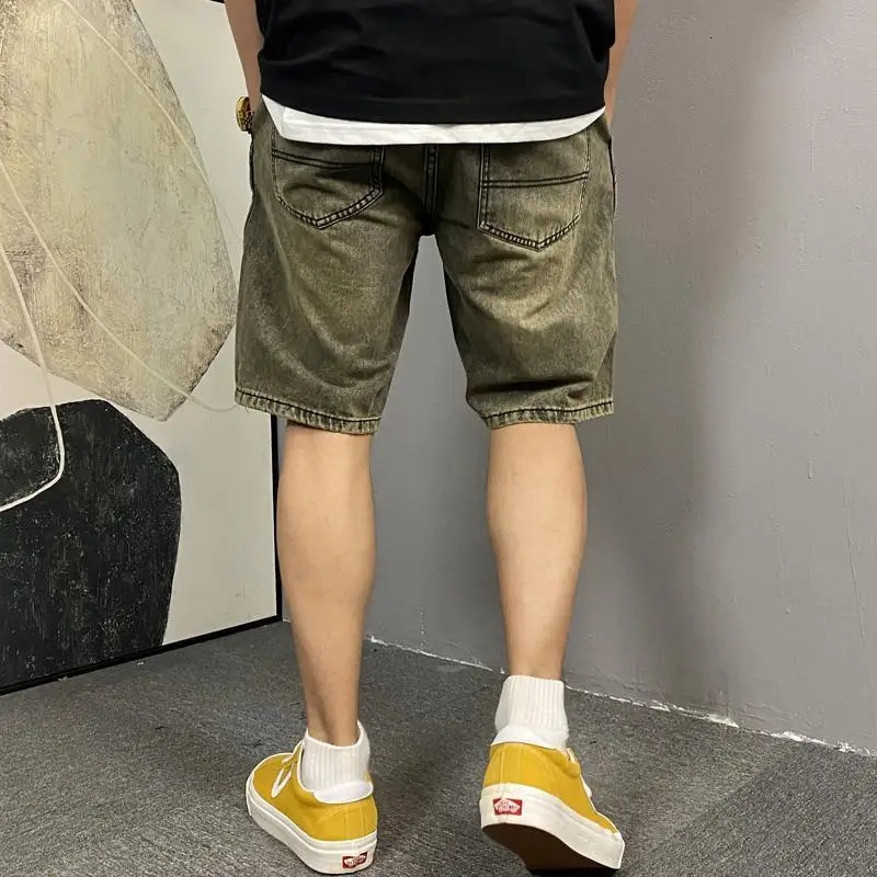 Mens Button Zipper Pocket Straight Loose Five-point Casual Wash Retro Yellow Mud Ripped Denim Shorts 250530