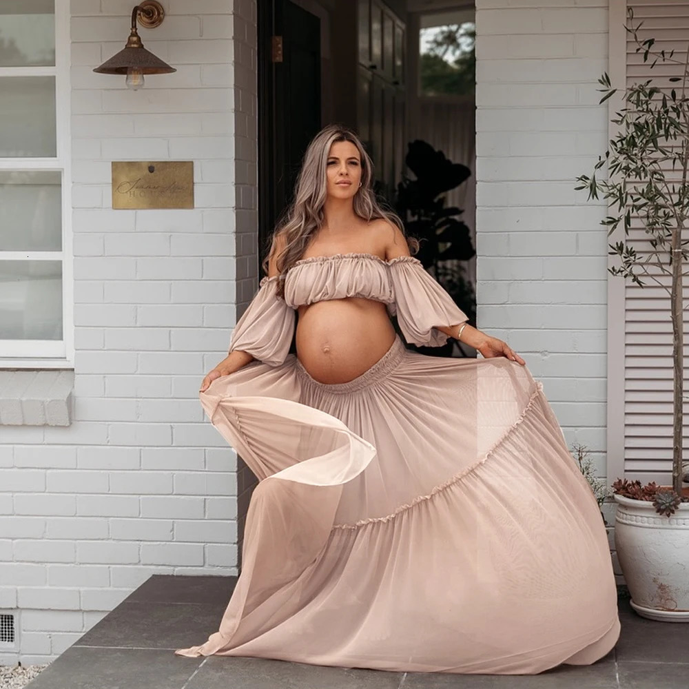 Maternity Dresses for Baby Showers Chiffon One Shoulder Lace Long Sleeve Two Piece Dress Bohemian Po Shooting Pregnancy Dress 250530