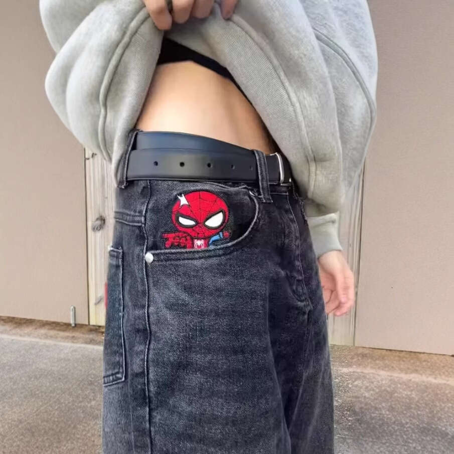 Trendy Spider Embroidered Jeans for Men High Street Design Straight Harajuku Style Hip-Hop Floor-Length Pants