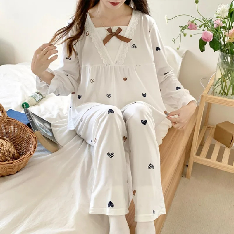 Four Seasons Women Sleepwear Plus Size Cartoon Heart Print Long Sleeve Cute Princess Style Summer Simple Casual Homewear 250530