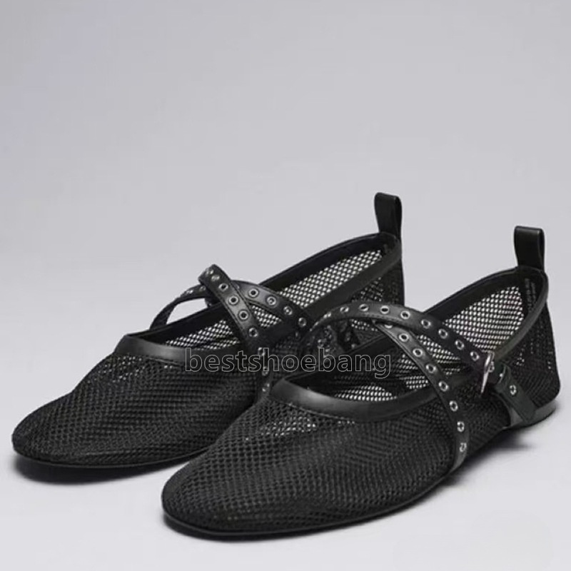 Mesh Leather Designer Flat Shoes Women Hollow Ballet Flats Comfort Soft Soled Dance Shoe Summer Casual Mary Jane Sandals Loafers Fashion Classics Blac