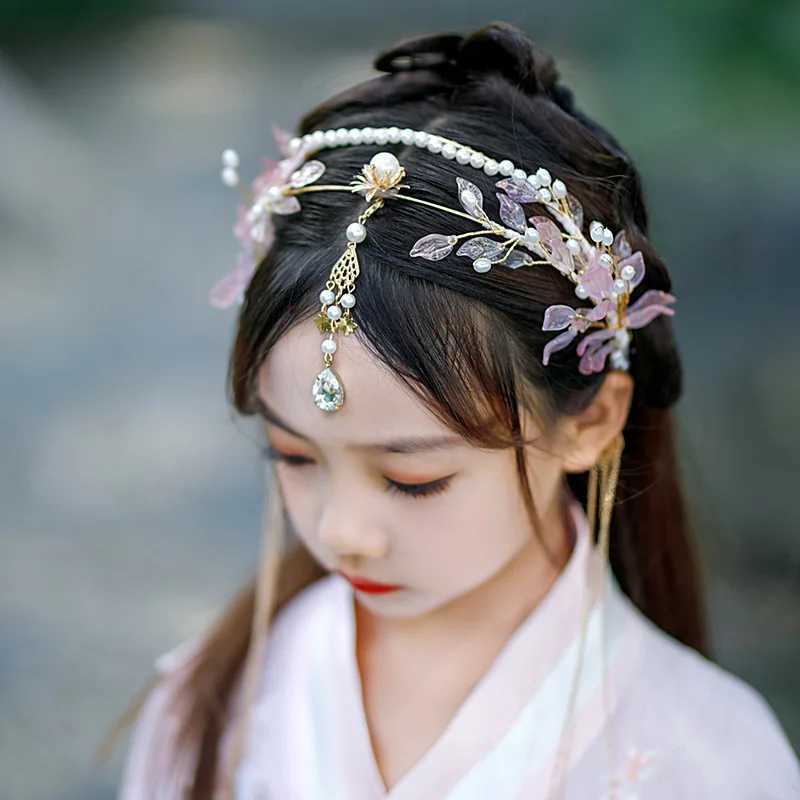 Tassel Fake Earrings Hairband Chinese Hanfu Hair Accessories Pink Floral Tiaras Headband Travel Photography Fairy Hair Jewelry Z250605