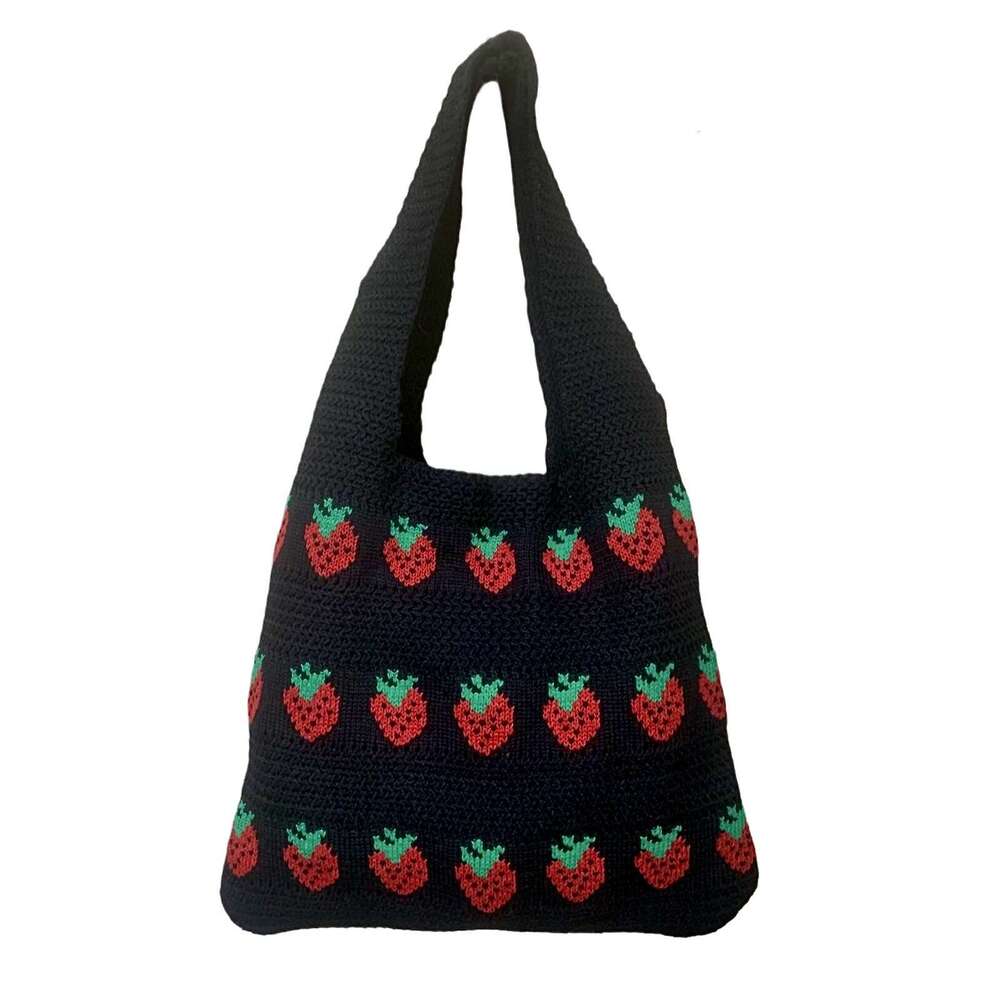 Tote Strawberry Pattern Woven Knitted Crochet Bag Durable Large Capacity Ladies Handbag B5