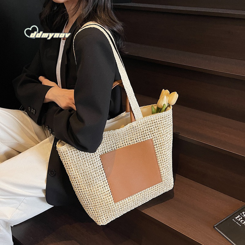 Foreign Trade Large Capacity Woven Straw for Women 2025 New Niche Fashion Single Shoulder Handbag Beach Tote Bag ddmynov