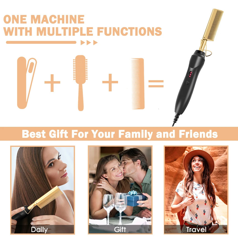 Leeons Black Comb Hair Straightener Flat Iron Electric Heating Comb Wet And Dry Hair Curler Straight Styler Curling Iron 250605