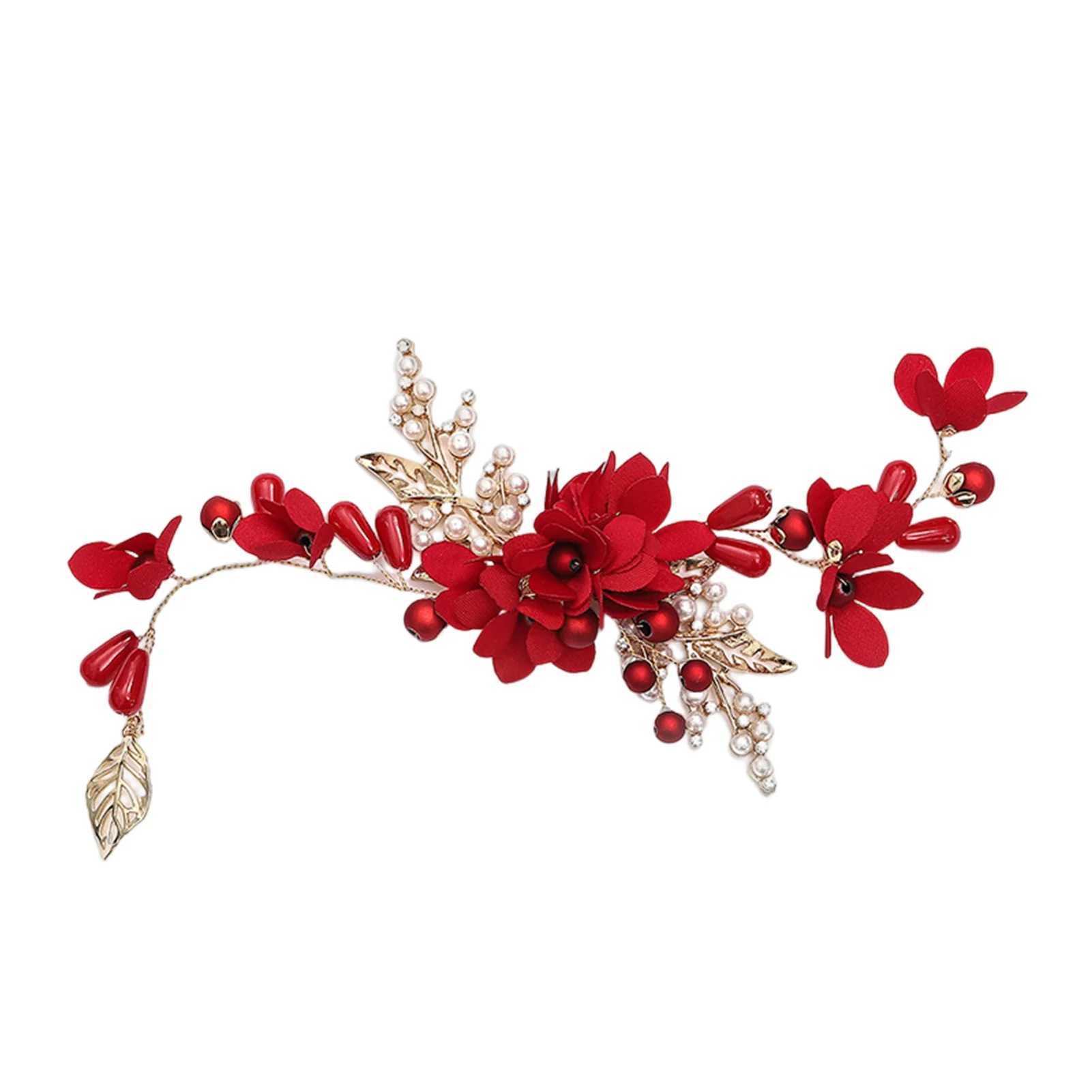 Wedding Headbands Red Flower Hairbands Gold Color Metal Headdress for Bride Hair Jewelry Accessory Chinese Fashion Headwear Z250605