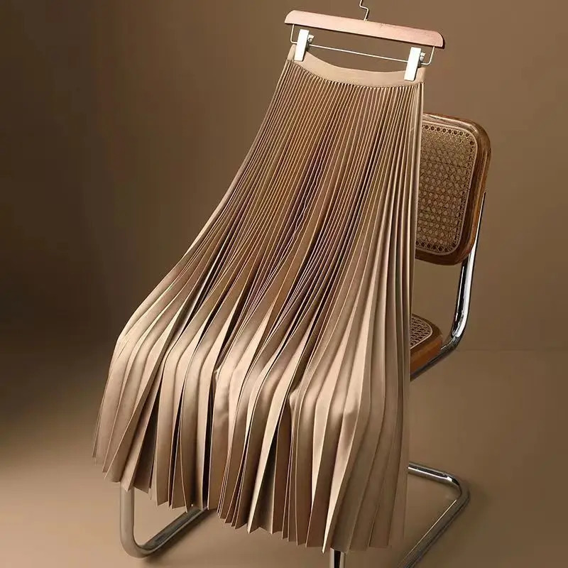 Women Vintage Midi Skirt Wide Elastic Waistband High Waist Pleated A-Line Skirt Summer Solid Color Smooth Satin Long Skirts 250605