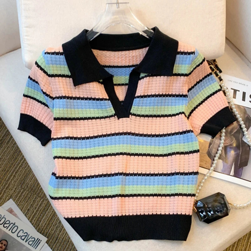 2025 Summer Rainbow Striped TurnDown Collar Lady Thin Sweater Short Sleeve Knitted Pullover Women Fashion Crop Tops Mujer 250530