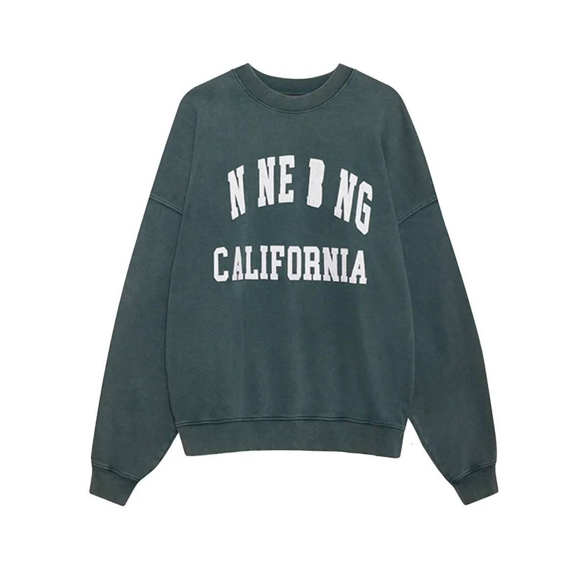 Classic Letter Print Water Wash Color Loose-Fit Round Pullover HOUSE 24 Spring Green Crew Neck Sweatshirt