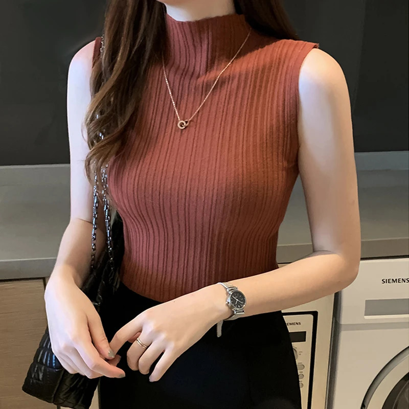 Solid Slim Thin Sleeveless Knitted Sweater 2023 Spring Summer Half High Neck Shirt for Women Elegant Casual Blouse Blusas 15662 250530