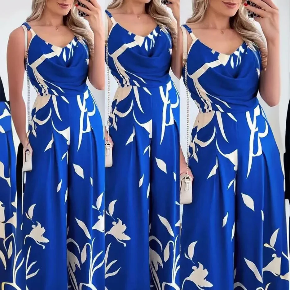 Fashionable Printed V-Neck Backless Waist-Cinched Wide Leg Jumpsuit Elegant One-Piece Cross-Border Long Pants for Women 250530