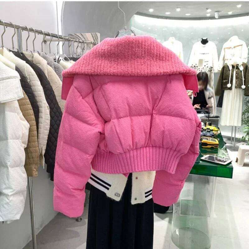 2023 Korean Chic Knit Collar Autumn Winter Coat Women Thickened Puffer Loose Parka Warm Cotton-padded Jacket Short Coats
