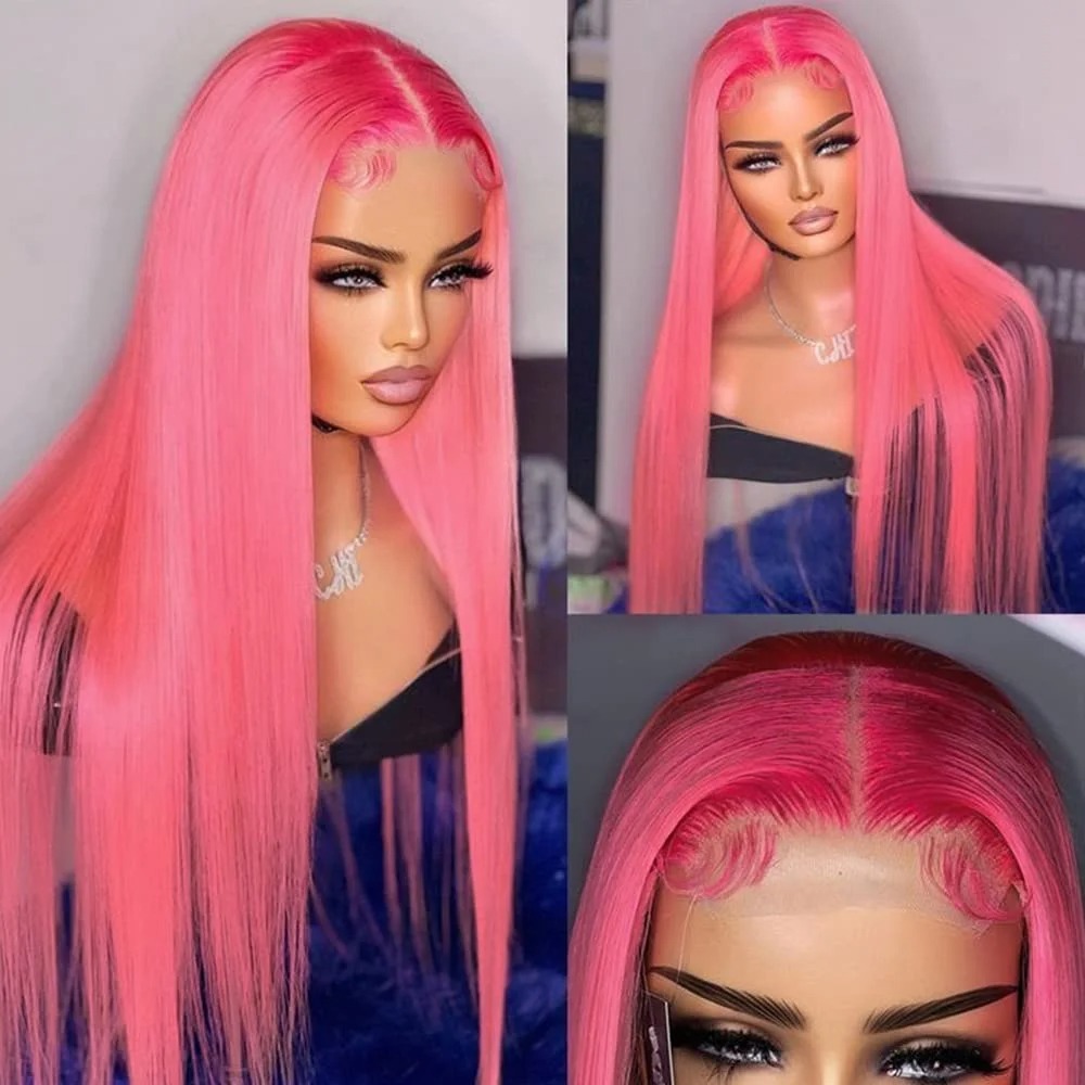 30 Inch Pink Lace Front Wig Human Hair 200 Density 13x6 HD Lace Frontal Wig Brazilian Colored Straight Wigs For Women Synthetic