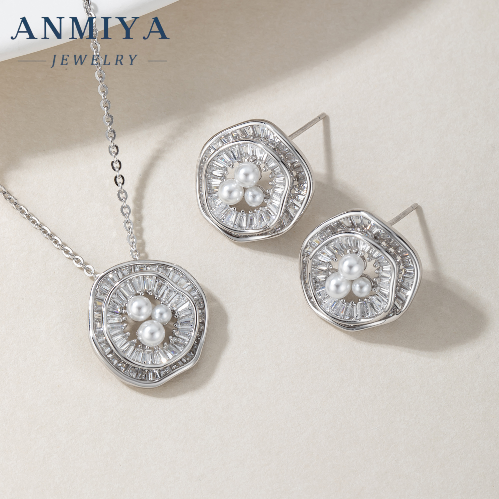 Fine Jewelry Freshwater Pearl 18K Gold Plated Zircon Flower Pendant Necklace Stud Earrings Jewelry Set for Women