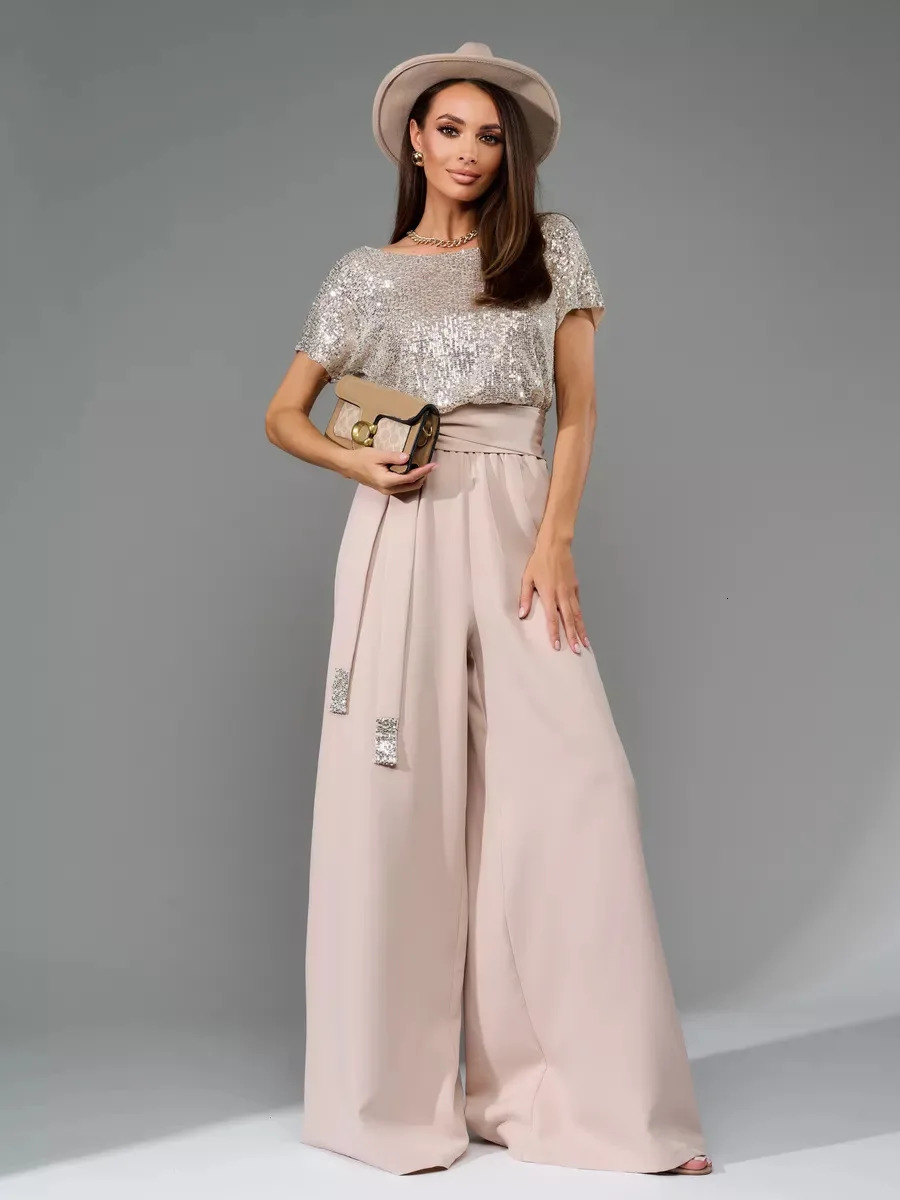 Lady Fashion Sequin Patchwork Commuting Jumpsuit Summer Casual Short Sleeved O Neck Lace Up Slim High Waist Jumpsuit Women 250530