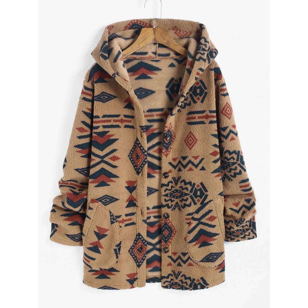 ZAFUL Women's Hooded Ethnic Style Pockets Long Tribal Geo Aztec Printed Fluffy Teddy Coat fur New coats outerwears 2024 Winter
