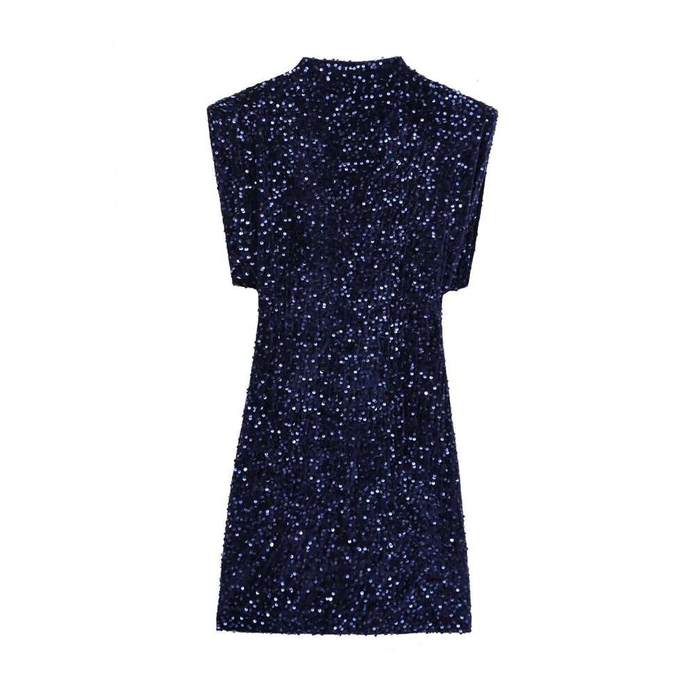 Women's Sequin Embellished Sleeveless Party With Padded Shoulders Mini Dress Y2k B5