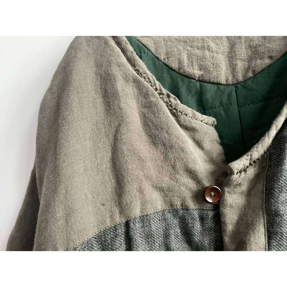 Women Linen Patchwork Thin Padded Outerwear Ladies Vintage Washed Flax Spliced Long Coat Parkas Female Topcoat